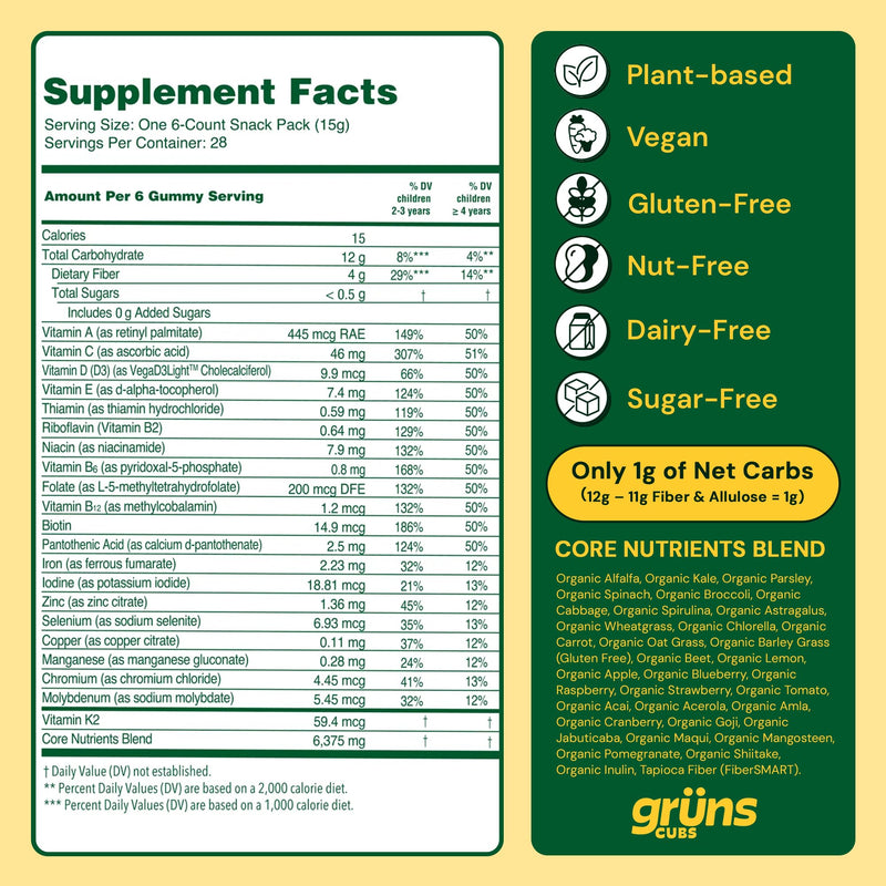 Grüns Multivitamin for Kids – Sugar-Free Super Greens Gummies, 20+ Vitamins & 60 Ingredients, 28 ct