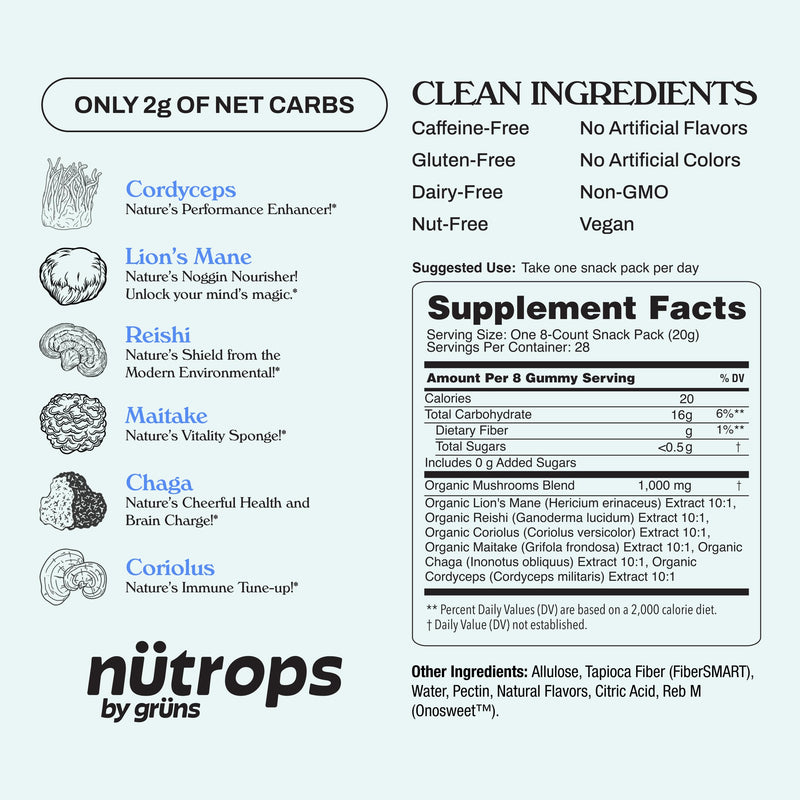 Grüns Nutrops Sugar-Free Lions Mane Gummies — Focus, Energy & Brain Health (28 Day Supply)