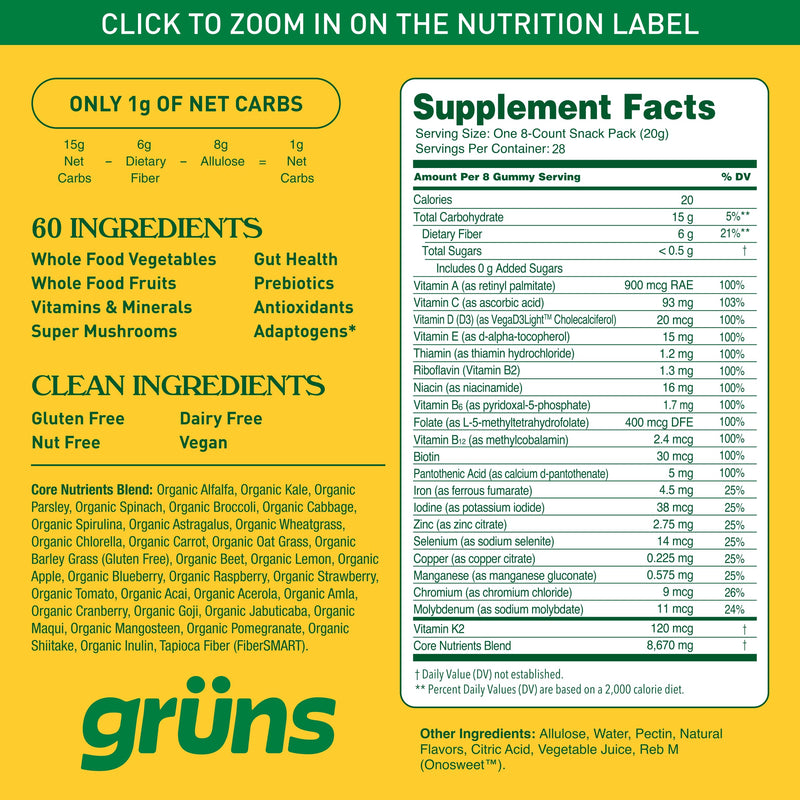 Grüns Adult Sugar-Free Super Greens Gummies – Multivitamin with 60+ Ingredients, 28 Daily Packets