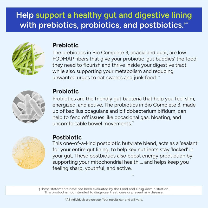 Gundry MD Bio Complete 3 — 3-in-1 Prebiotic, Probiotic, Postbiotic for Gut Health (90-Day Supply)