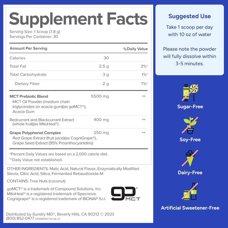 Gundry MD MCT Wellness Powder – Energy, Ketone Support & Brain Health | Keto Friendly, Sugar Free (90 Day Supply) – Blueberry Lemonade