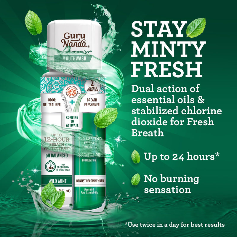 GuruNanda Dual Barrel Breath Harmonizer Mouthwash – Wild Mint, 3 Pack, Alcohol-Free & Fluoride-Free