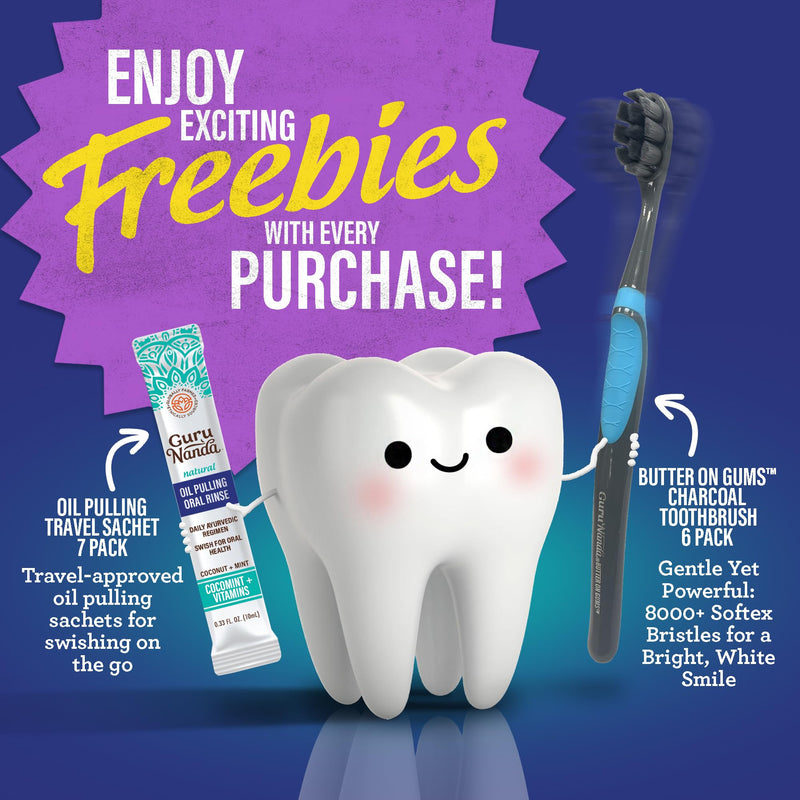 GuruNanda Total Smile Makeover Kit – Charcoal, Cocomint Oil Pulling, Whitening Mouthwash, Strips & Charcoal Toothbrushes