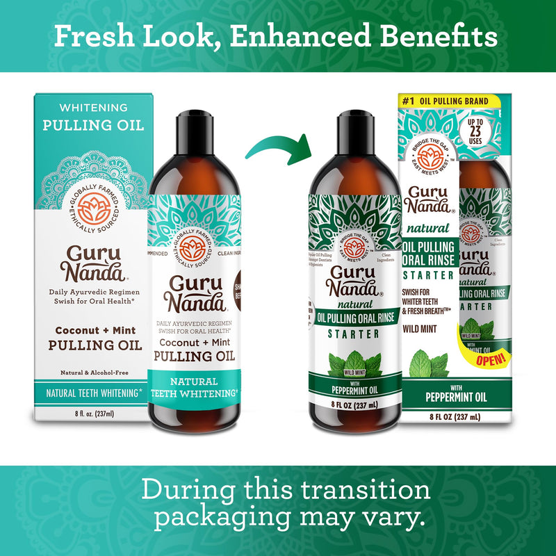 GuruNanda Starter Pulling Oil Mouthwash – Coconut & Peppermint, Alcohol-Free, 8 oz with Toothbrush & Tongue Scraper