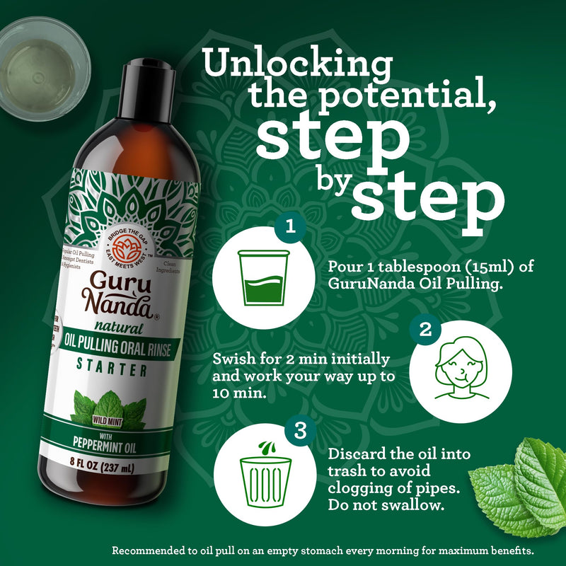 GuruNanda Starter Pulling Oil Mouthwash – Coconut & Peppermint, Alcohol-Free, 8 oz with Toothbrush & Tongue Scraper