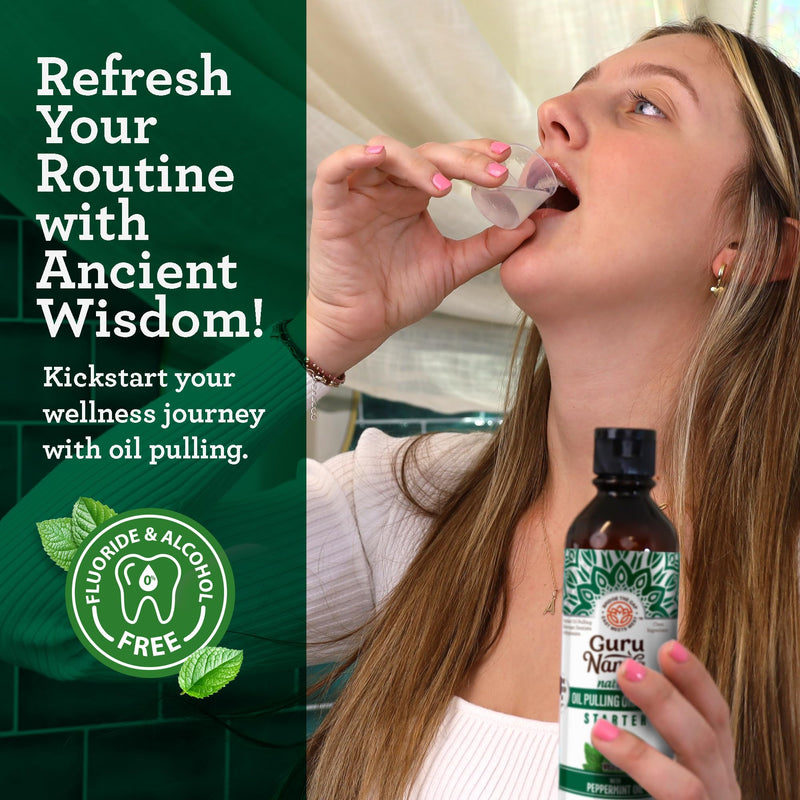 GuruNanda Starter Pulling Oil Mouthwash – Coconut & Peppermint, Alcohol-Free, 8 oz with Toothbrush & Tongue Scraper