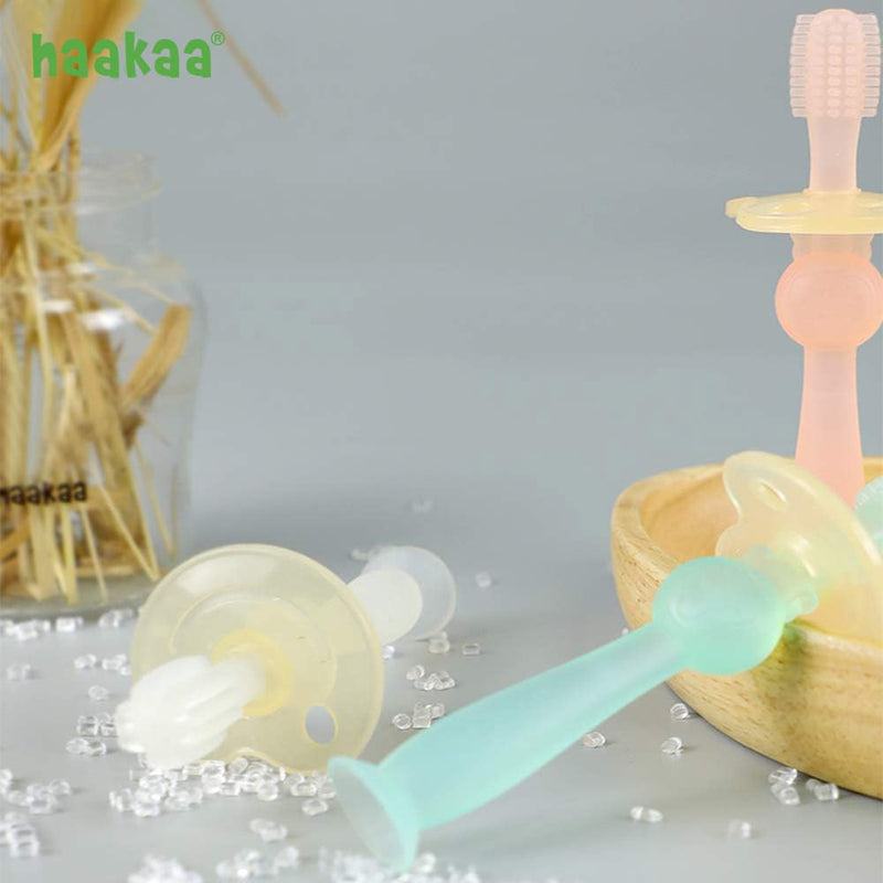Haakaa 360° Baby Toothbrush with Suction Base – Gentle Cleaning for Toddler, Food-Grade Silicone, Adjustable Safety Shield – Pink (1 Piece)