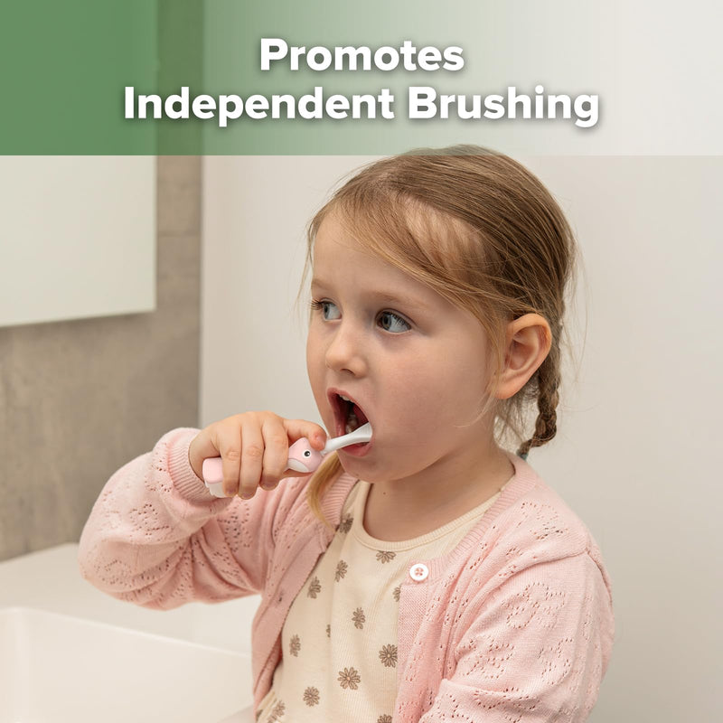 Haakaa Dinosaur Toothbrush for Kids 2-4 – Soft Bristles, Silicone Handle, Non-Slip Grip & Tongue Cleaner | BPA-Free, Pink - 1 Count