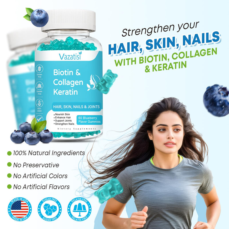 2 Pack Biotin Gummies with Collagen & Keratin for Hair Skin Nails - Women Men Kids - 120 Blueberry Flavored Gummies