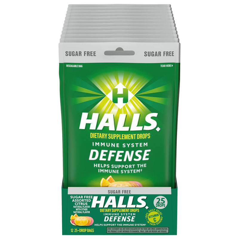 HALLS Defense Assorted Citrus Sugar Free Vitamin C Drops – 300 Drops, 12 Bags