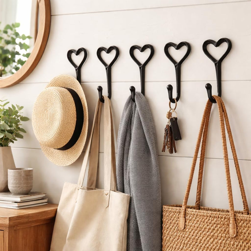 5 Heart Shaped Wrought Iron Coat Hooks – Rustic Wall Mounted Hooks