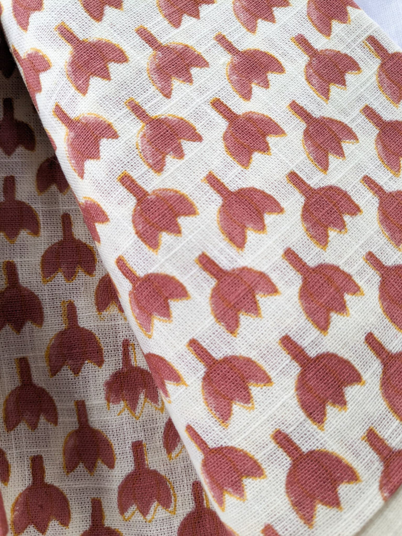 Hand block printed scarf, Indian cotton, red yellow flowers