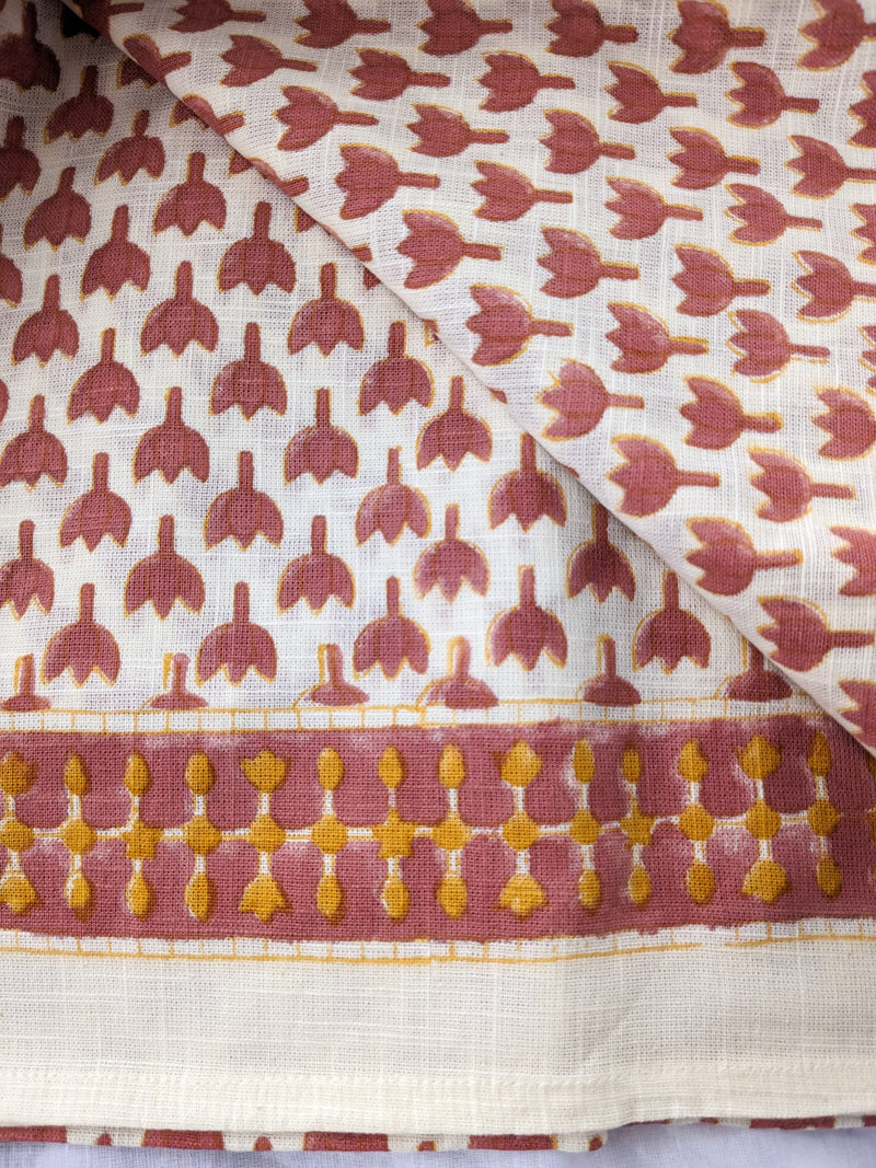 Hand block printed scarf, Indian cotton, red yellow flowers