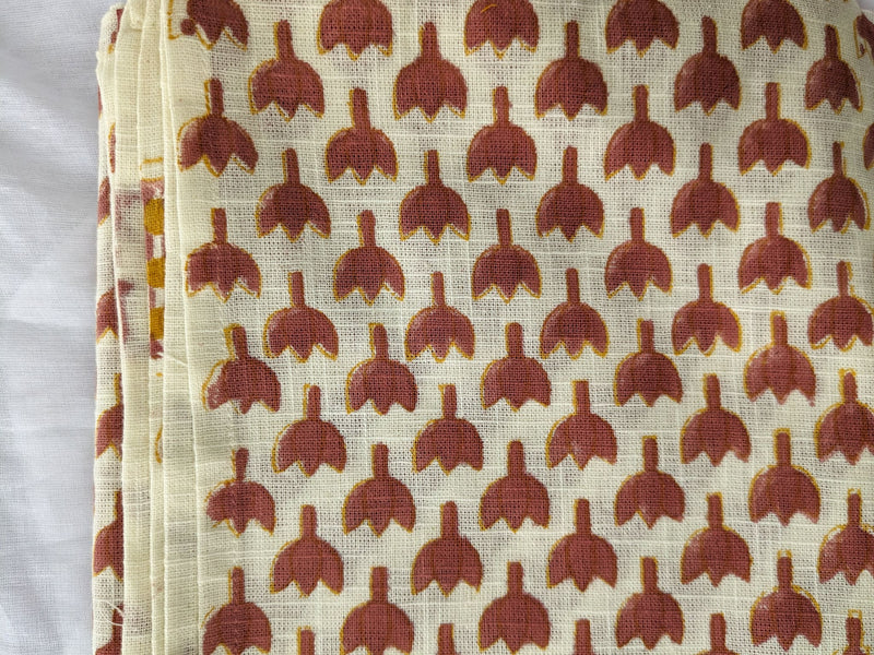 Hand block printed scarf, Indian cotton, red yellow flowers