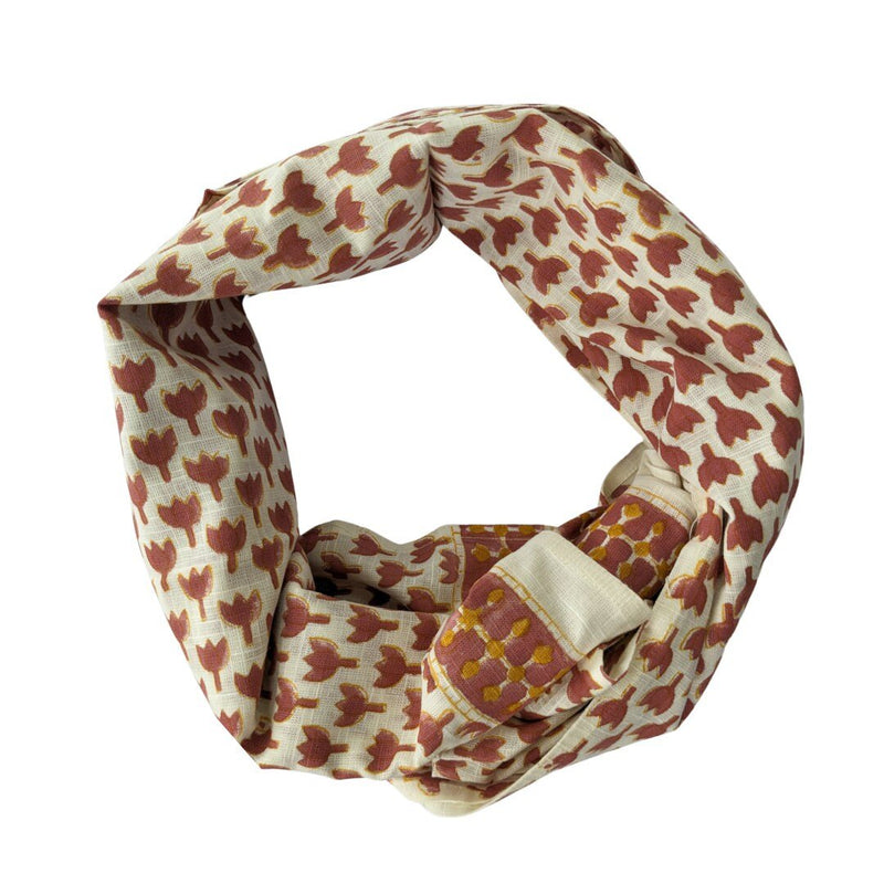 Hand block printed scarf, Indian cotton, red yellow flowers