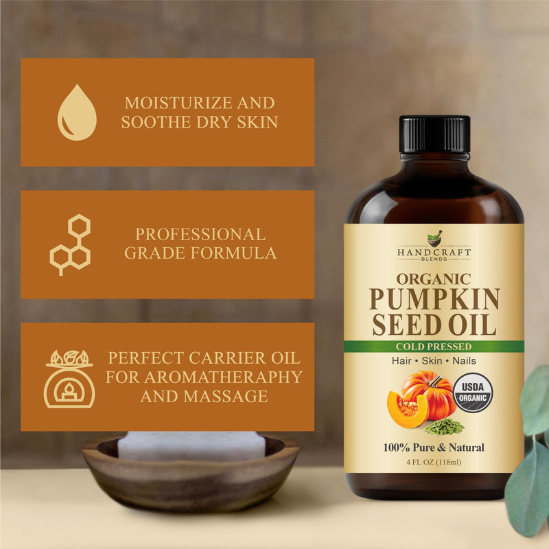 Handcraft Blends Cold-Pressed Organic Pumpkin Seed Oil – 4 Fl Oz (Pack of 3) – 100% Pure Carrier Oil for Hair, Skin, Nails & Massage