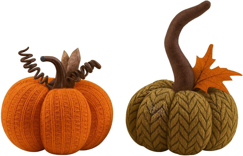 Set of 2 Knitted Decorative Pumpkins Autumn Home Decorations