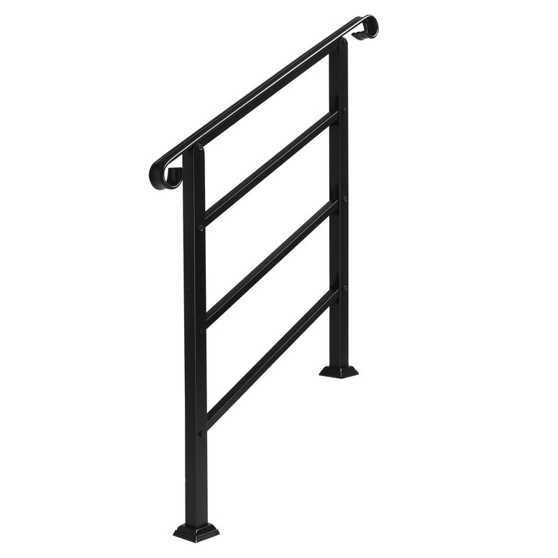 Handrails for Outdoor Steps, Wrought Iron Handrail Fits 1 or 3 Steps, Transitional Handrail with Installation Kit, Black - InStock