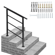 Handrails for Outdoor Steps, Wrought Iron Handrail Fits 1 or 3 Steps, Transitional Handrail with Installation Kit, Black - InStock