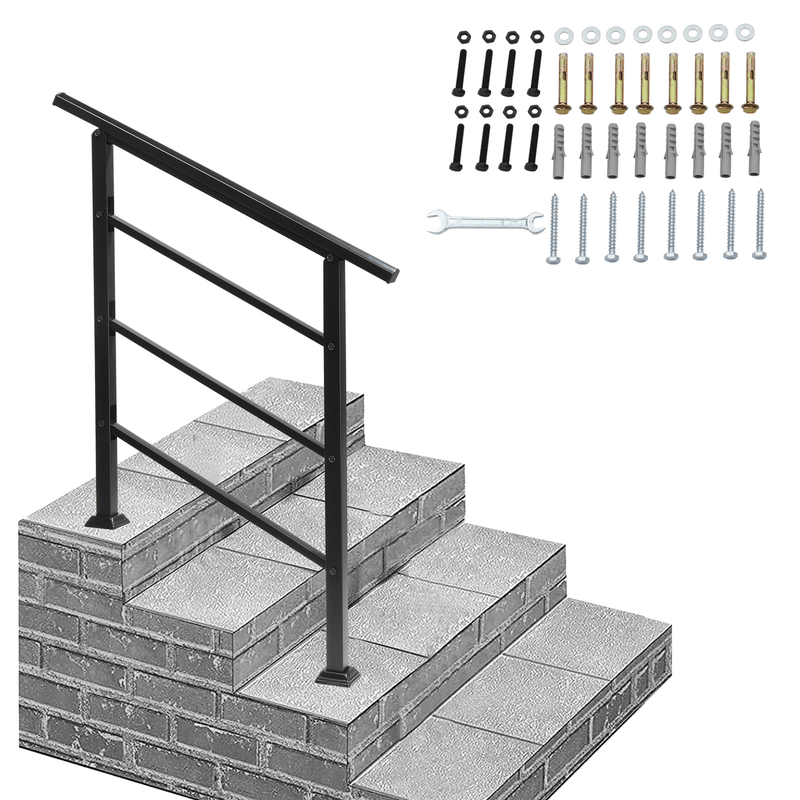 Handrails for Outdoor Steps, Wrought Iron Handrail Fits 1 or 3 Steps, Transitional Handrail with Installation Kit, Black - InStock
