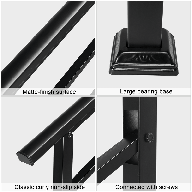 Handrails for Outdoor Steps, Wrought Iron Handrail Fits 1 or 3 Steps, Transitional Handrail with Installation Kit, Black - InStock