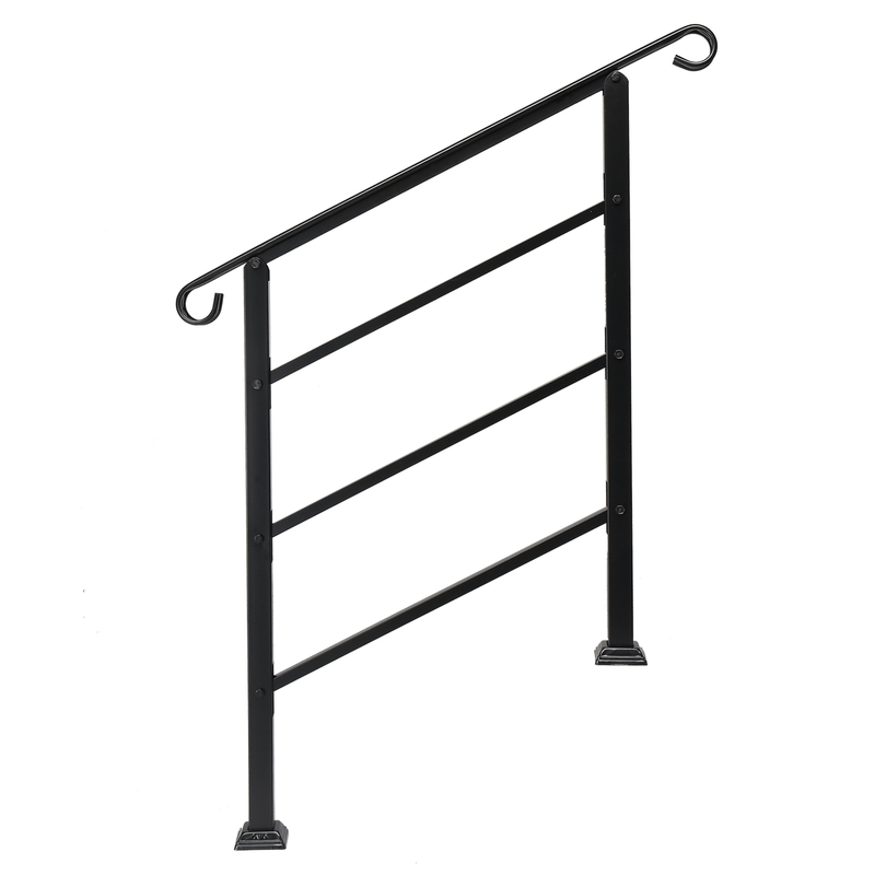 Handrails for Outdoor Steps, Wrought Iron Handrail Fits 1 or 3 Steps, Transitional Handrail with Installation Kit, Black - InStock