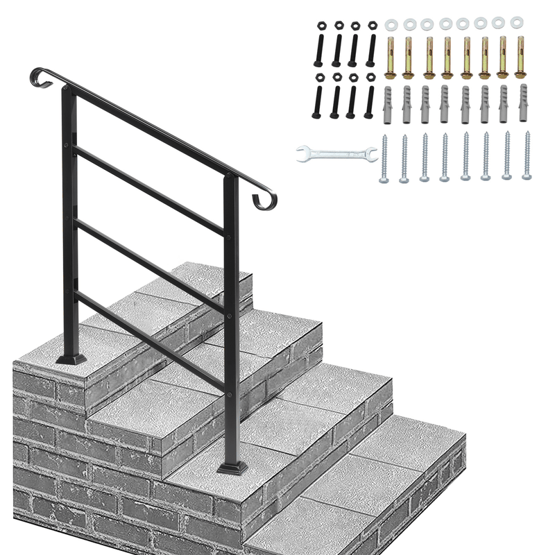 Handrails for Outdoor Steps, Wrought Iron Handrail Fits 1 or 3 Steps, Transitional Handrail with Installation Kit, Black - InStock