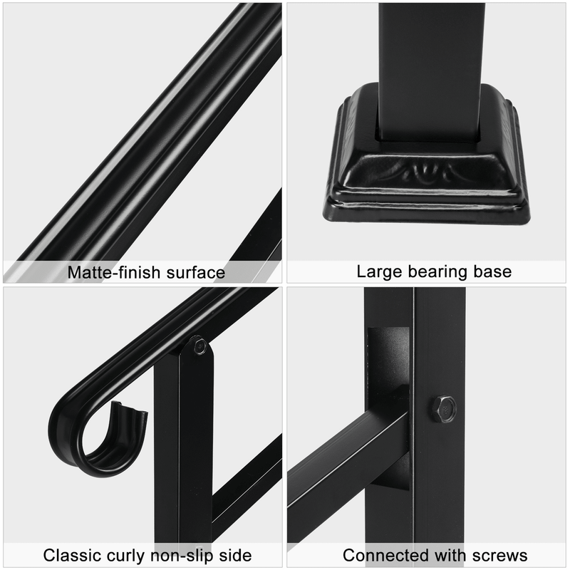 Handrails for Outdoor Steps, Wrought Iron Handrail Fits 1 or 3 Steps, Transitional Handrail with Installation Kit, Black - InStock