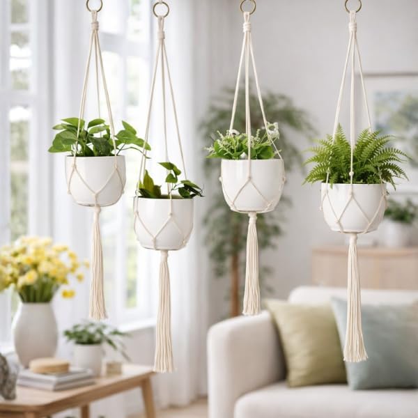 4 Pack Macrame Plant Hangers with Hooks for Indoor & Outdoor Pots