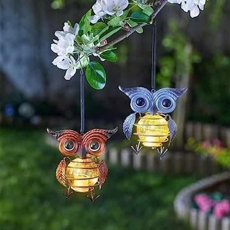 Hanging Owl Solar Garden Light with 4 Copper LEDs Tree Décor 24cm