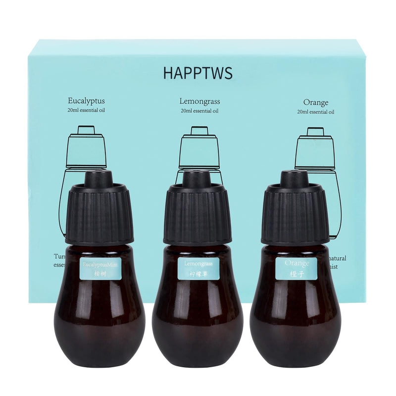 HAPPTWS Aromatherapy Essential Oil Set – 3-Piece Diffuser Oils: Eucalyptus, Lemongrass, Orange