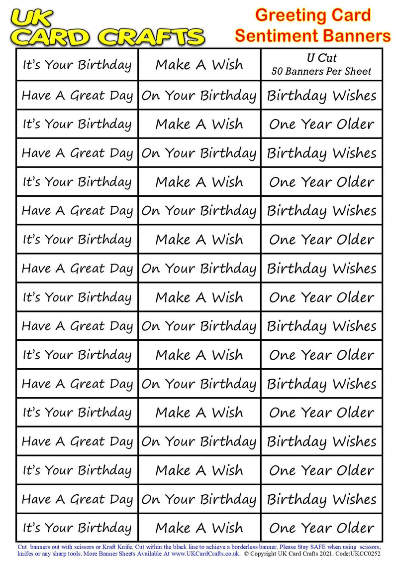 5 x A4 Sheets – 250 General Birthday Sentiment Banners – U Cut by UK Card Crafts