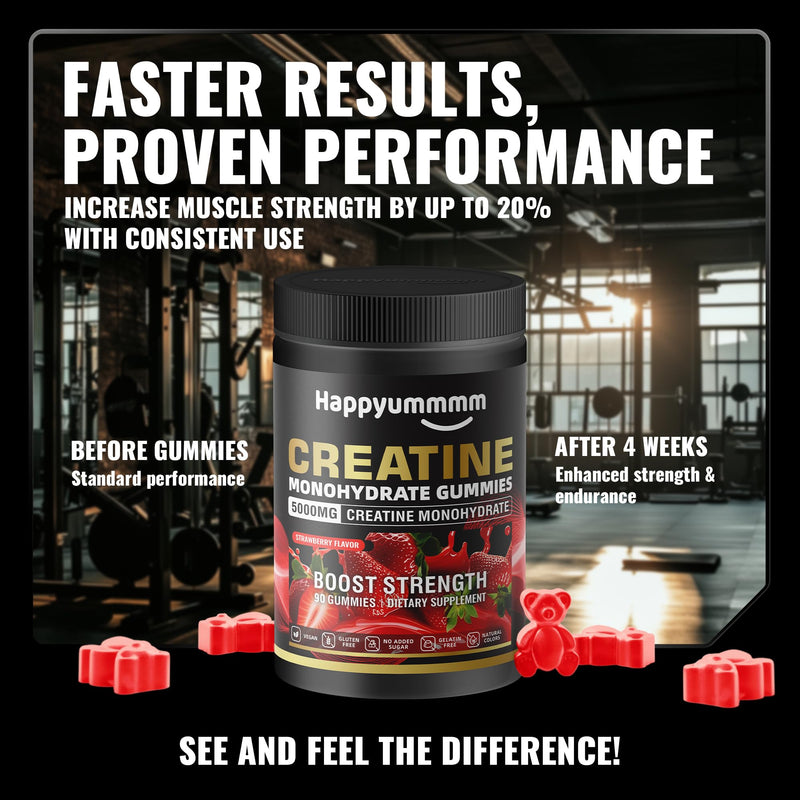 Happyummmm Creatine Monohydrate Gummies 2.5g per Gummy - Strawberry 90 ct | Vegan, Gluten-Free, Non-GMO