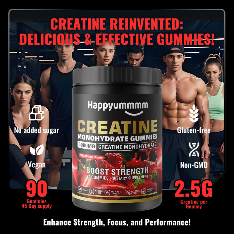 Happyummmm Creatine Monohydrate Gummies 2.5g per Gummy - Strawberry 90 ct | Vegan, Gluten-Free, Non-GMO