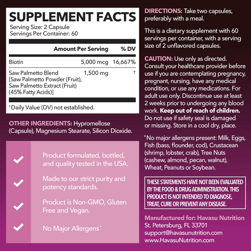 HAVASU Nutrition Saw Palmetto with Biotin 5000mcg - Vegan, Non-GMO DHT Support for Hair, Skin & Nails - 120 Count