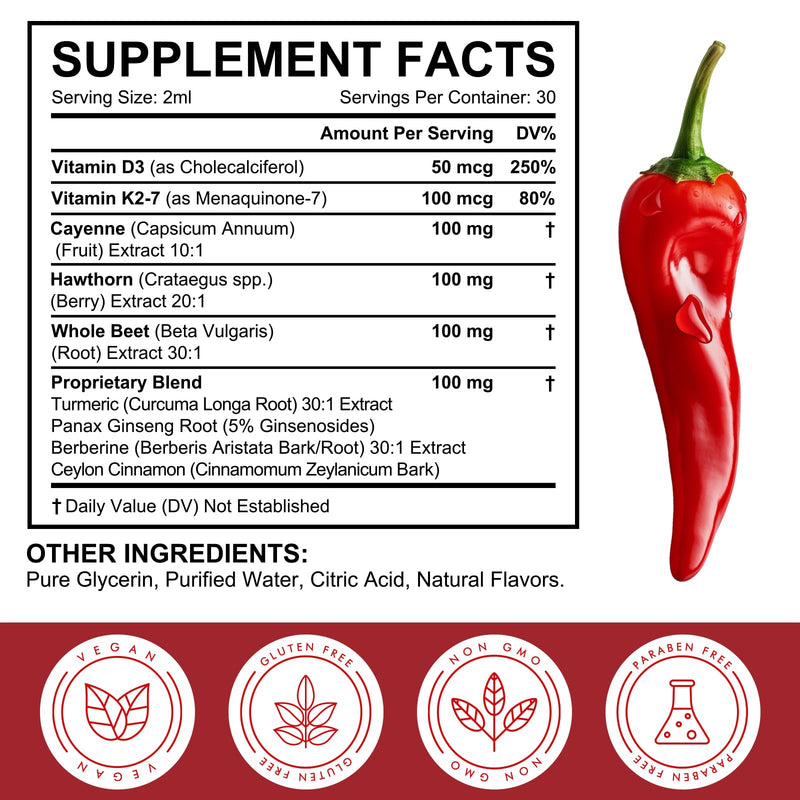 Cayenne Pepper Drops with Hawthorn, Beet Root, Turmeric, Vitamin K2 & D3 – 2 Pack (Liquid Supplement)