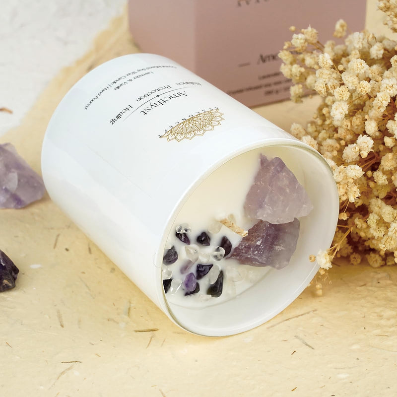Healing Crystal Candle – Amethyst & Clear Quartz, Lavender & Vanilla, 10oz Jar