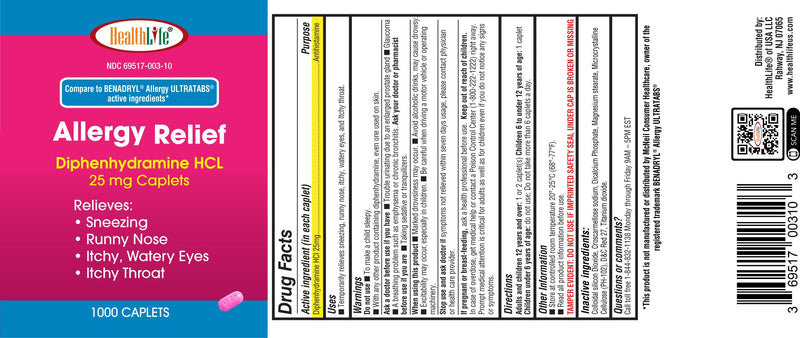 HEALTH LFE Allergy Relief Diphenhydramine HCl 25 mg Caplets, 1000 Count | For Sneezing, Runny Nose, Itchy Eyes