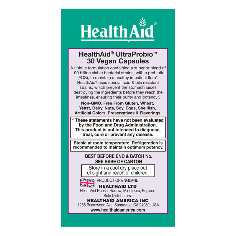 HealthAid UltraProbio 100 Billion Probiotic – 30 Count, Once Daily, Acid & Bile Resistant, Non-GMO
