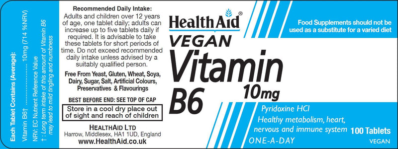 Health Aid Vitamin B6 (Pyridoxine HCl) 10mg – 100 Tablets