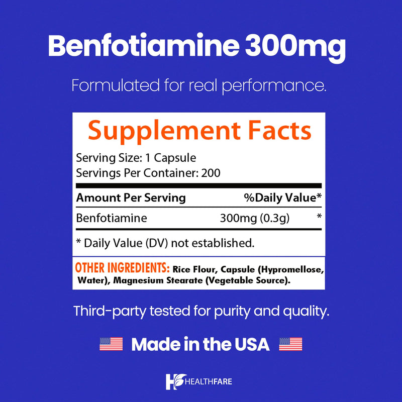 Healthfare Benfotiamine 300mg – 200 Veg Capsules | Enhanced Absorption