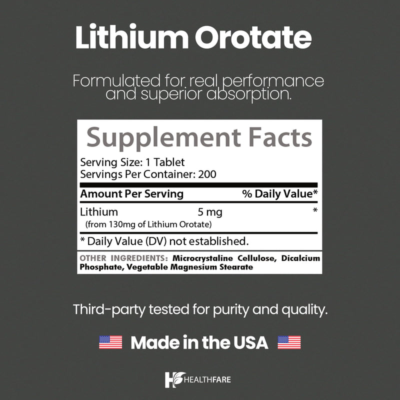 HealthFare Lithium Orotate 130mg | 200 Tablets | Made in USA