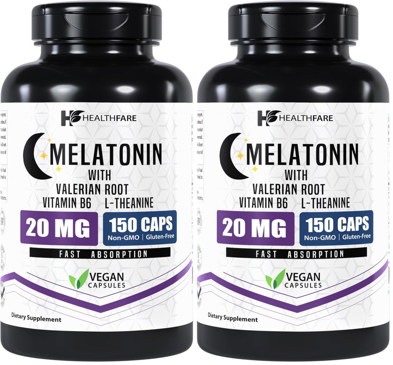Healthfare Melatonin 20mg | 150 Veg Capsules | Complex with L-Theanine | Valerian Root & Vitamin B6 | Vegetarian Formula | Non-GMO | Gluten-Free | Made in The USA (Pack of 2)