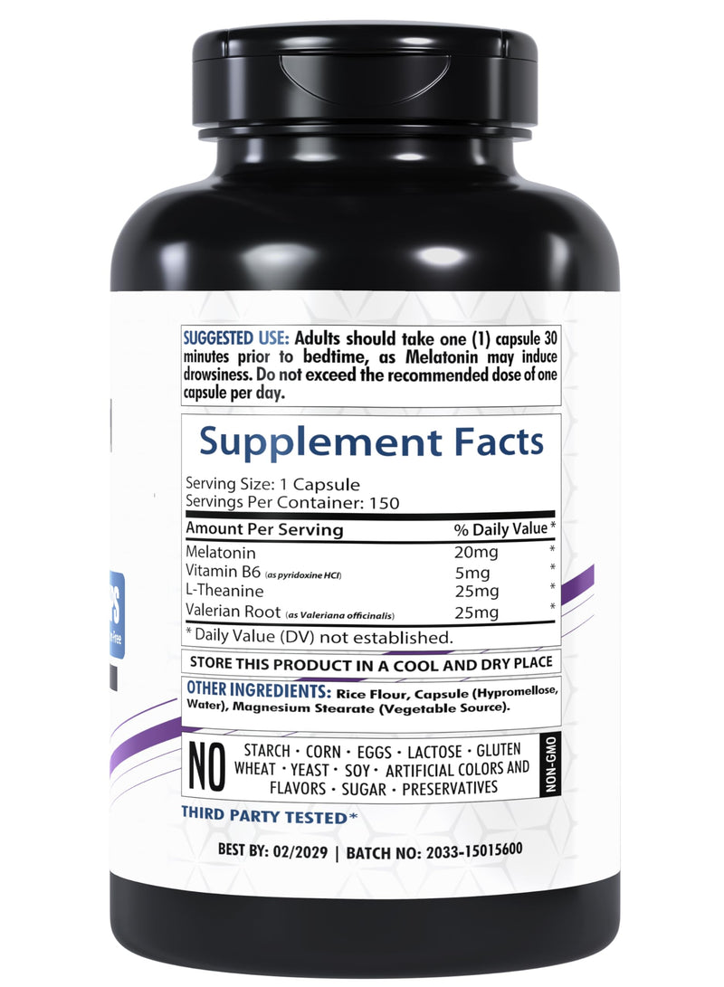 Healthfare Melatonin 20mg | 150 Veg Capsules | Complex with L-Theanine | Valerian Root & Vitamin B6 | Vegetarian Formula | Non-GMO | Gluten-Free | Made in The USA (Pack of 2)