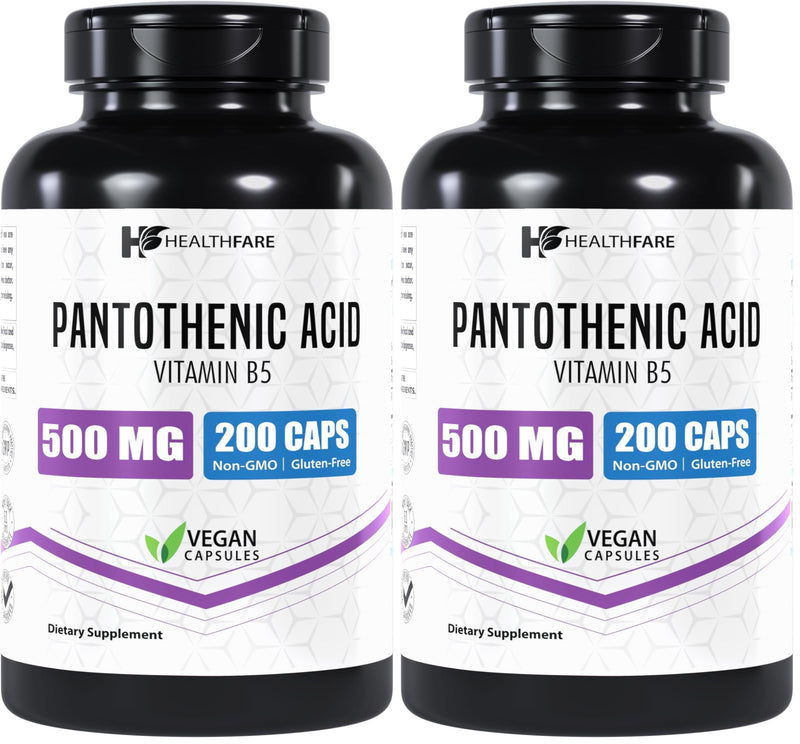 Healthfare Pantothenic Acid 500mg – 200 Veg Capsules | Energy & Skin Health | Non-GMO | Made in USA | Pack of 2