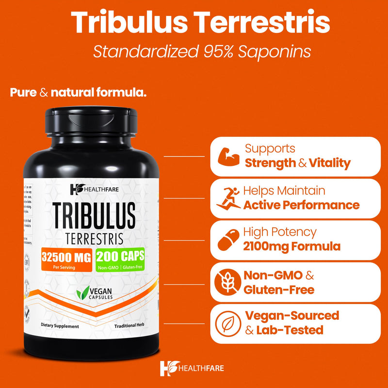 HealthFare Tribulus Terrestris for Men & Women | 32,500mg Ultra Potency Extract | 95% Saponins | 200 Capsules | Natural Strength, Energy & Stamina | Non-GMO, Gluten-Free, Made in USA