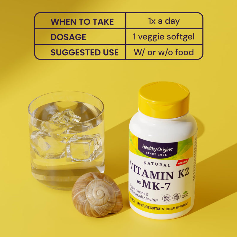 Healthy Origins Vitamin K2 100 mcg MK-7 – Non-GMO, Gluten Free, Bone & Cardiovascular Support | 180 Veggie Gels