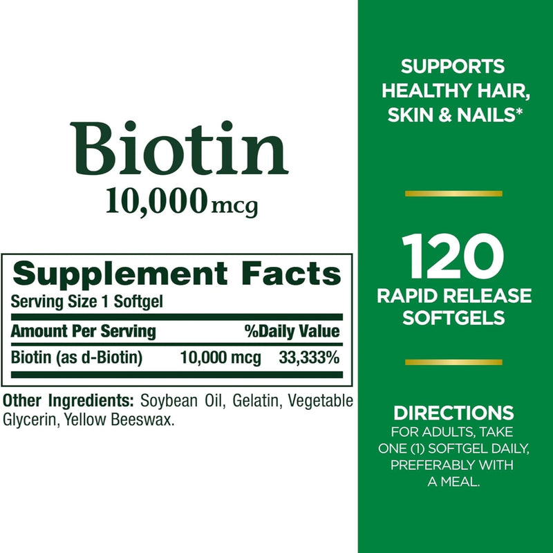 Nature's Bounty Biotin 10000 mcg – Hair, Skin & Nails | 120 Ct