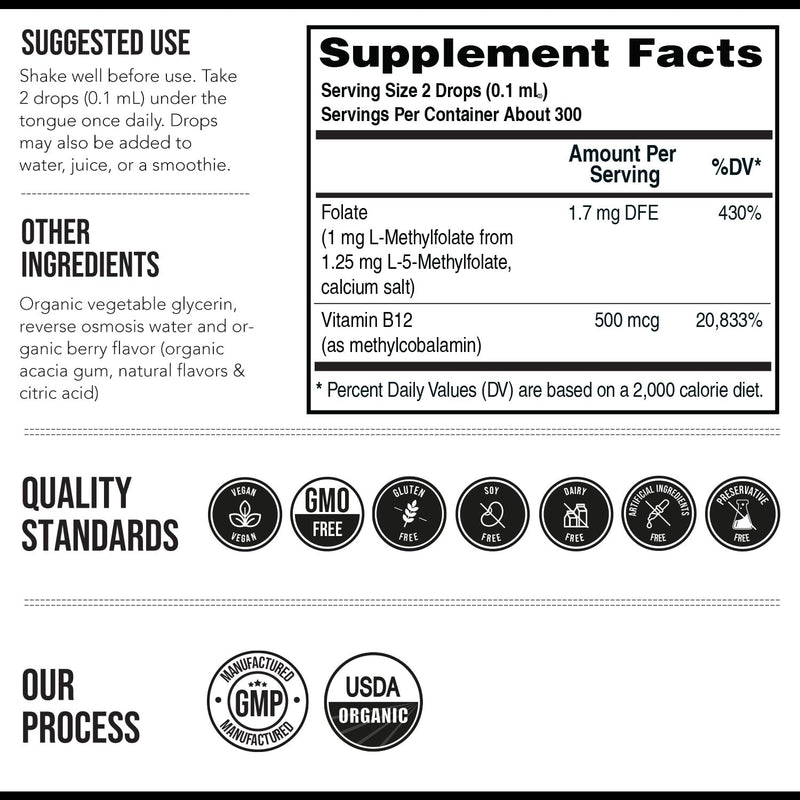 Organic Methyl Folate 1000 mcg + Methyl B12 Cofactor | Sublingual Berry Liquid (1oz) | 300 Servings | 5-MTHF