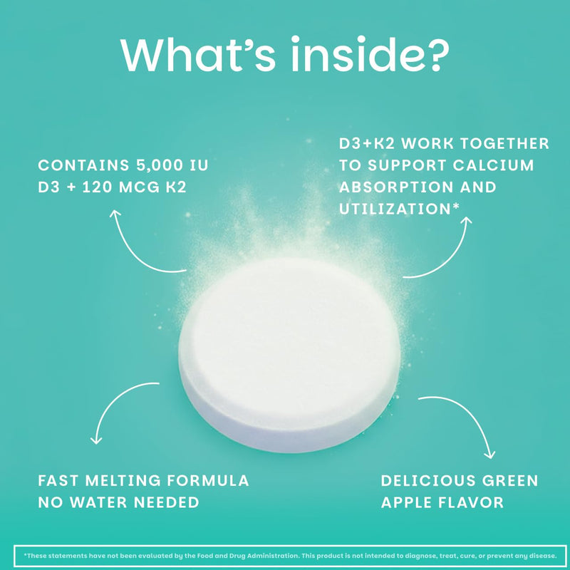 EZ Melts D3 + K2 5000 IU – Vegan, Non-GMO, Green Apple, 90 Tablets